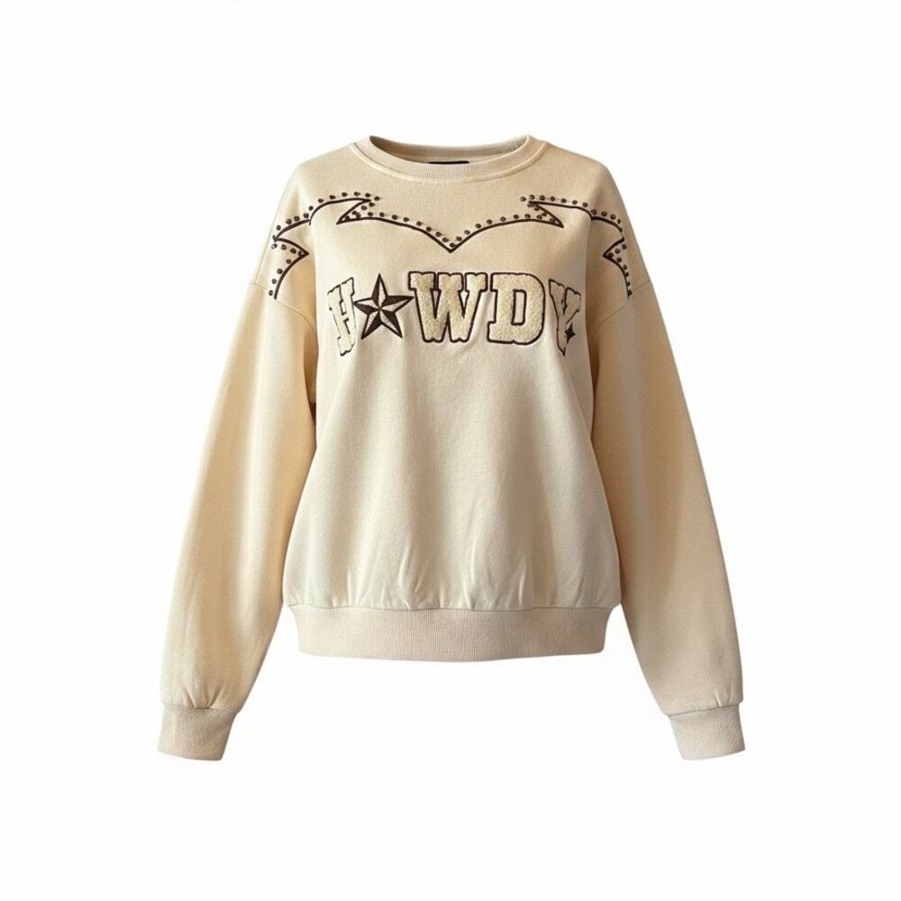 Western Boho Farmcore Blue B. Collection Cream Boot Stitch Howdy Sweatshirt Sz M